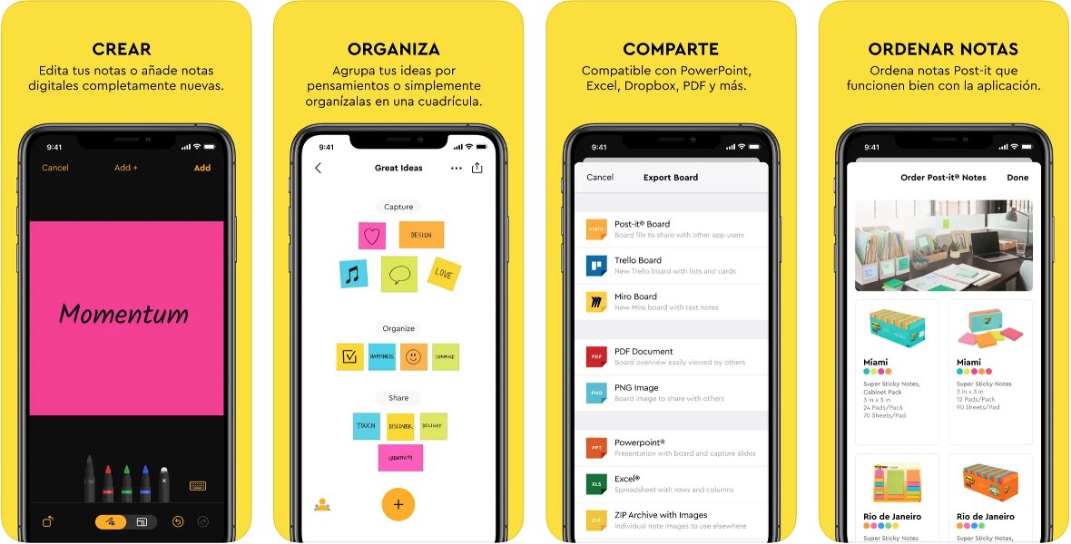 Capturas de pantalla de la app Post-it para iPhone
