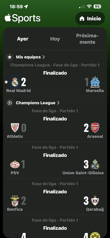 Interfaz de Apple Sports Interfaz de Apple Sports